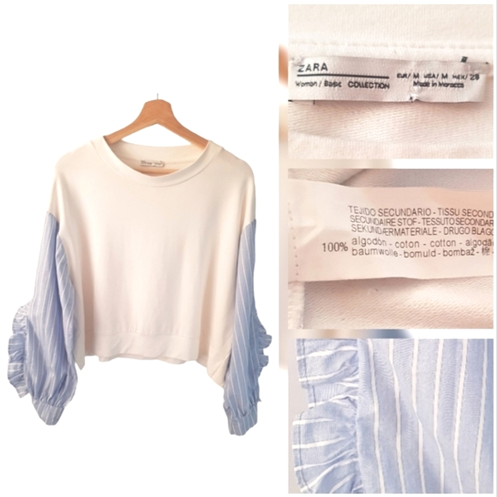 Zara Size M Stripped Ruffled Picaboo Sleeves Cropped Sweatshirt Blouse